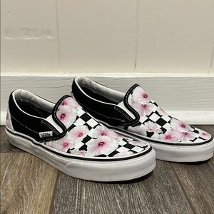 Vans Black and White Checkered Slip-Ons with Pink Floral Accents